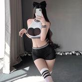 爱心透纱挖空露臀运动上衣短裤套装